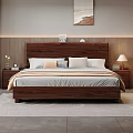 Modern Bedroom Interior With Wooden Bed Nightstand Table Lamp Green Plant Curtains And Rug