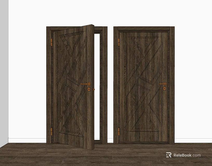 Dark Wooden Hinged Doors With Wood Grain Design And Golden Handles One Open One Closed 3d model 