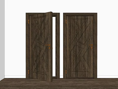 Dark Wooden Hinged Doors With Wood Grain Design And Golden Handles One Open One Closed 3d model