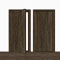 Dark Wooden Hinged Doors With Wood Grain Design And Golden Handles One Open One Closed