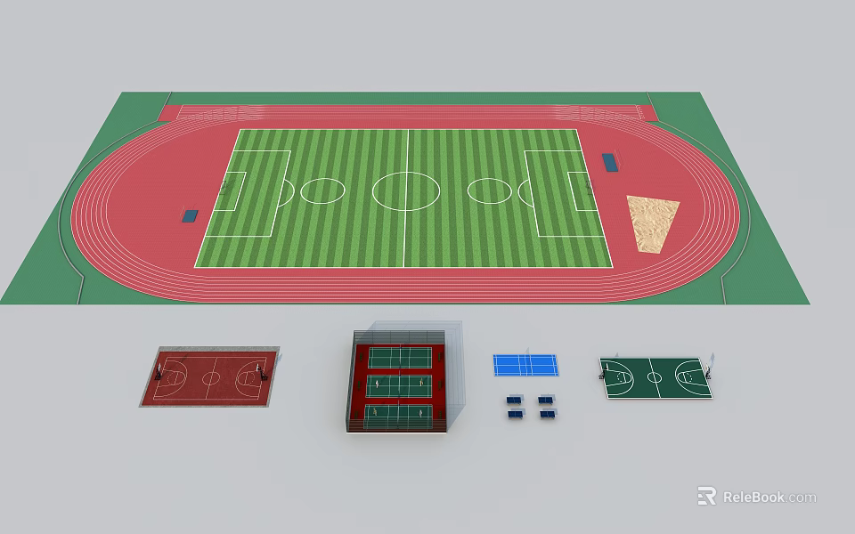 Football Field With Red Running Track Green Turf And Adjacent Basketball Tennis Courts 3d model 