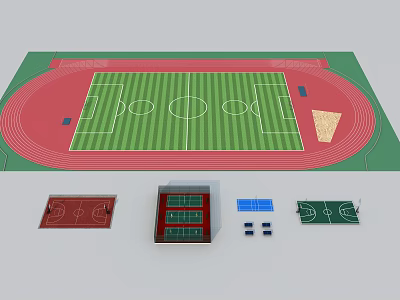 Football Field With Red Running Track Green Turf And Adjacent Basketball Tennis Courts 3d model