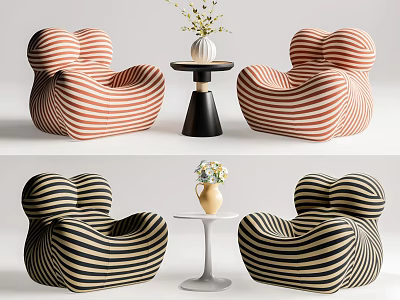 Casual Sofa Set With Striped Pattern Small Round Table And Flower Vase For Living Room 3d model