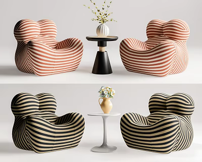 Casual Sofa Set With Striped Pattern Small Round Table And Flower Vase For Living Room 3d model