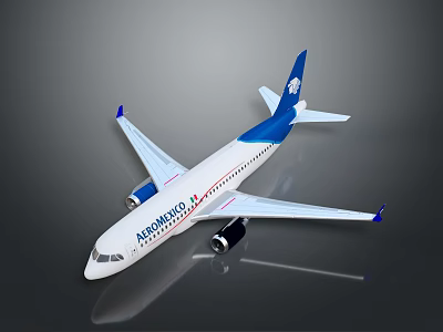 Aeroméxico White And Blue Plane Model With Detailed Design On Reflective Surface 3d model