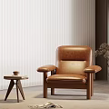 Brown Leather Lounge Chair With Side Table Coffee Cup Magazine Dried Flowers And Blind Background