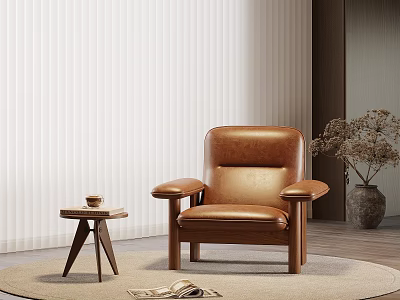 Brown Leather Lounge Chair With Side Table Coffee Cup Magazine Dried Flowers And Blind Background 3d model