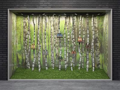 Shop Window Display Featuring White Birch Trees Green Grass And Hanging Shoes 3d model