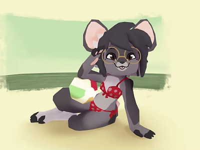 Cartoon Mouse In Red Bikini With Glasses Holding Coconut Drink On Beach 3d model