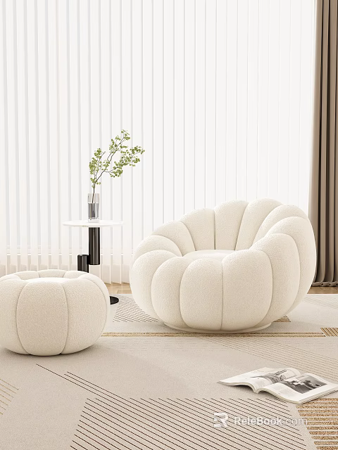 Ivory Pumpkin Shaped Bean Bag Chair With Small Round Ottoman Venetian Blinds And Green Plants 3d model 