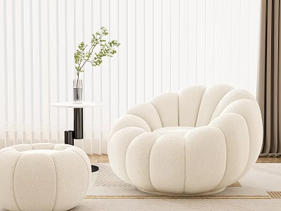 Ivory Pumpkin Shaped Bean Bag Chair With Small Round Ottoman Venetian Blinds And Green Plants 3d model