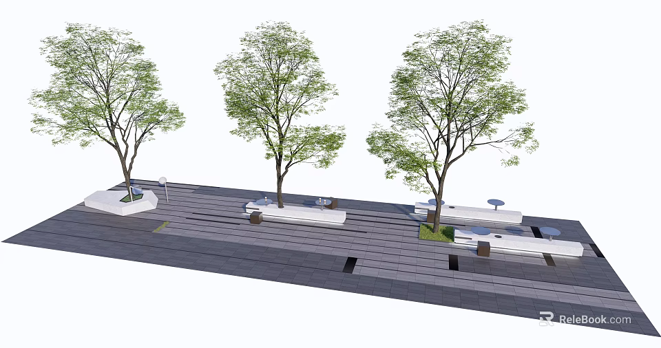 Functional Tree Planters with Green Trees and Benches Along Paved Walkway 3d model