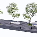 Functional Tree Planters with Green Trees and Benches Along Paved Walkway 3d model