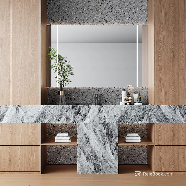 Bathroom Vanity with Marble Countertop Wooden Cabinets Mirror and Green Plant 3d model 