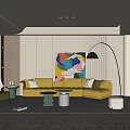 Modern Living Room Interior With Yellow Sofa Green Armchair Floor Lamp And Colorful Abstract Painting