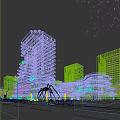 Modern Commercial Street with Tall Modern Buildings Multi Level Structure Pedestrians Vehicles and Trees
