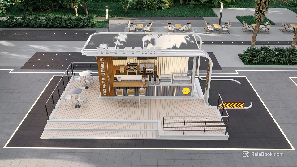 Modern Container Building Café Design With Glass Roof And Outdoor Seating Area 3d model 