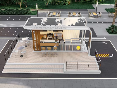 Modern Container Building Café Design With Glass Roof And Outdoor Seating Area 3d model