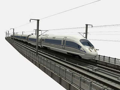 Modern High Speed Train Traveling on Railway Track Under Overhead Wires 3d model