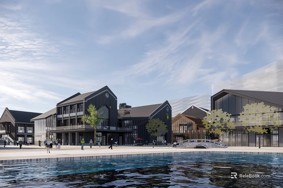 Modern Commercial Street Featuring Contemporary Buildings Waterfront Promenade And Pedestrians Walking Under Blue Sky 3d model 
