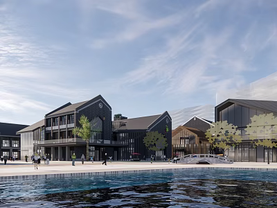 Modern Commercial Street Featuring Contemporary Buildings Waterfront Promenade And Pedestrians Walking Under Blue Sky 3d model