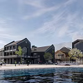 Modern Commercial Street Featuring Contemporary Buildings Waterfront Promenade And Pedestrians Walking Under Blue Sky