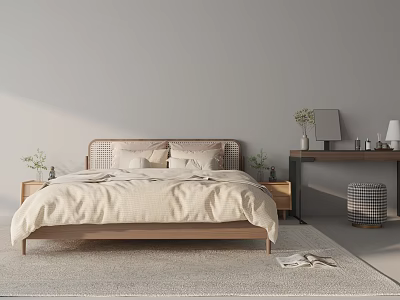 Minimalist Modern Wooden Double Bed With Light Colored Bedding Bedside Tables And Rug 3d model