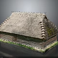 Traditional Rustic Wooden House With Straw Thatched Roof And Log Walls