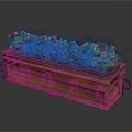 Wooden Planter With Metal Accents Featuring Green Plants And Red Flowers