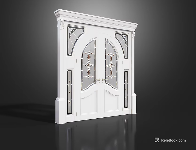 Elegant White Double Doors With Arched Decorative Glass And Detailed Frame 3d model 