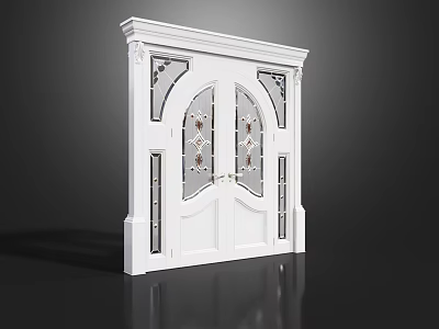 Elegant White Double Doors With Arched Decorative Glass And Detailed Frame 3d model