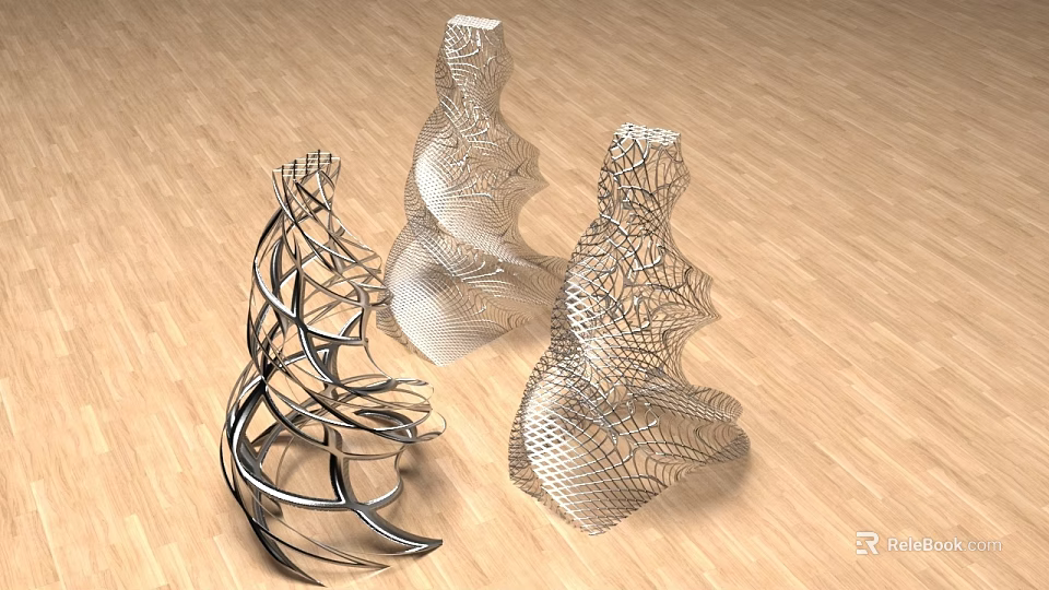 Decorative Ornament Set With Metallic Intricate Latticework And Twisted Spiral Design On Wooden Floor 3d model 