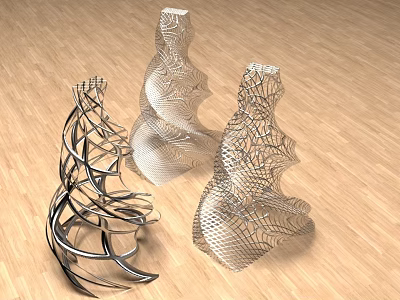 Decorative Ornament Set With Metallic Intricate Latticework And Twisted Spiral Design On Wooden Floor 3d model