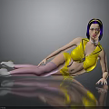 Woman With Purple Hair Yellow Headband And Yellow Outfit Posing On Black Reflective Surface