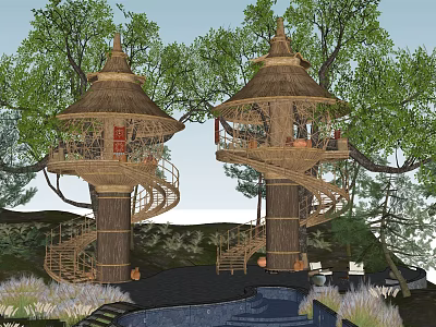 Two Treehouses With Thatched Roofs And Spiral Staircases Surrounded By Trees And Natural Pond 3d model