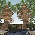 Two Treehouses With Thatched Roofs And Spiral Staircases Surrounded By Trees And Natural Pond