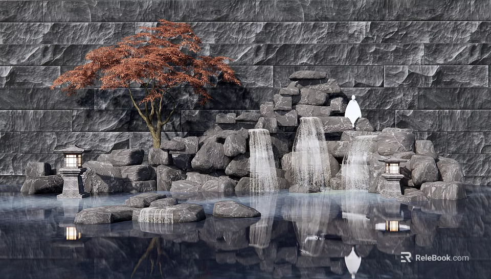 Tranquil Garden Landscape With Gray Stone Wall Red Maple Tree Rockery Waterfall Lanterns And Reflection 3d model