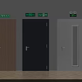 Safety Exit Signs With Various Doors And Fire Equipment In Building Corridor
