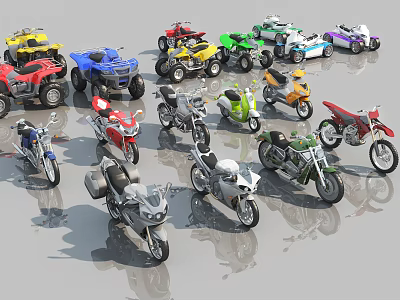 Assorted Motorcycles and ATVs in Various Colors and Different Types on Reflective Surface 3d model