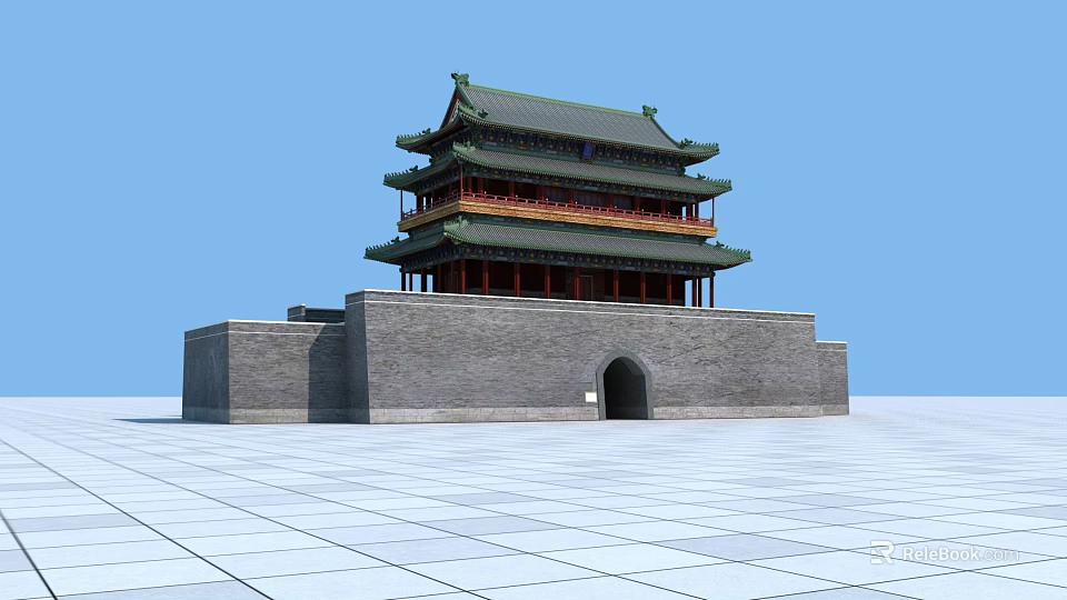 Ancient Chinese Architecture Multistory Tower With Green Roof Red Pillars Stone Base And Arch Doorway 3d model 