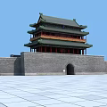 Ancient Chinese Architecture Multistory Tower With Green Roof Red Pillars Stone Base And Arch Doorway