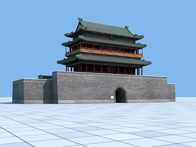 Ancient Chinese Architecture Multistory Tower With Green Roof Red Pillars Stone Base And Arch Doorway 3d model
