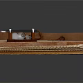 Traditional Wooden Sealing Device With Black Plate Engraved Inscriptions And Leather Straps