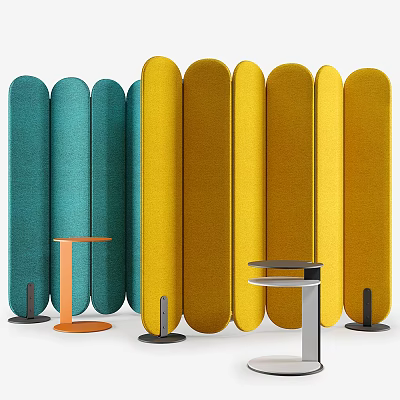 Modern Upholstered Room Divider With Teal And Yellow Vertical Panels And Side Tables 3d model