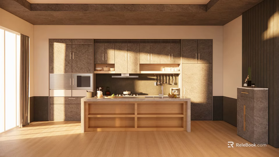 Modern Open Kitchen Interior Design With Island Counter And Cabinets 3d model 