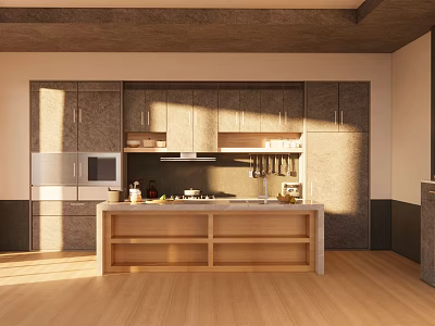 Modern Open Kitchen Interior Design With Island Counter And Cabinets 3d model