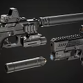 Detailed Tactical Pistols With Suppressor Magazine And Scope On Gray Background