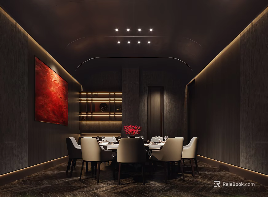 Elegant Private Dining Room Interior With Dark Walls Red Artwork Pendant Lights And Round Table 3d model 