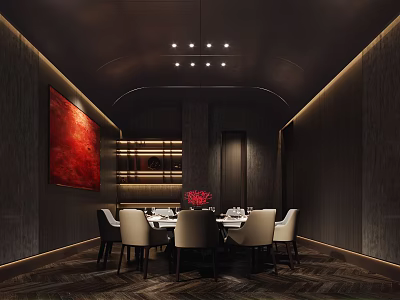 Elegant Private Dining Room Interior With Dark Walls Red Artwork Pendant Lights And Round Table 3d model