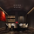 Elegant Private Dining Room Interior With Dark Walls Red Artwork Pendant Lights And Round Table